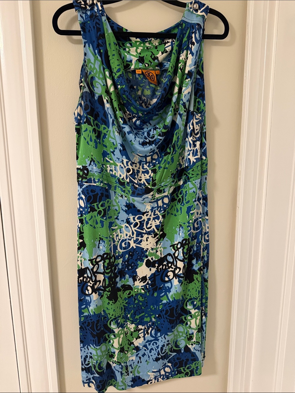 Tory Burch Blue, Green & White Printed Cowl-Neck Midi Dress